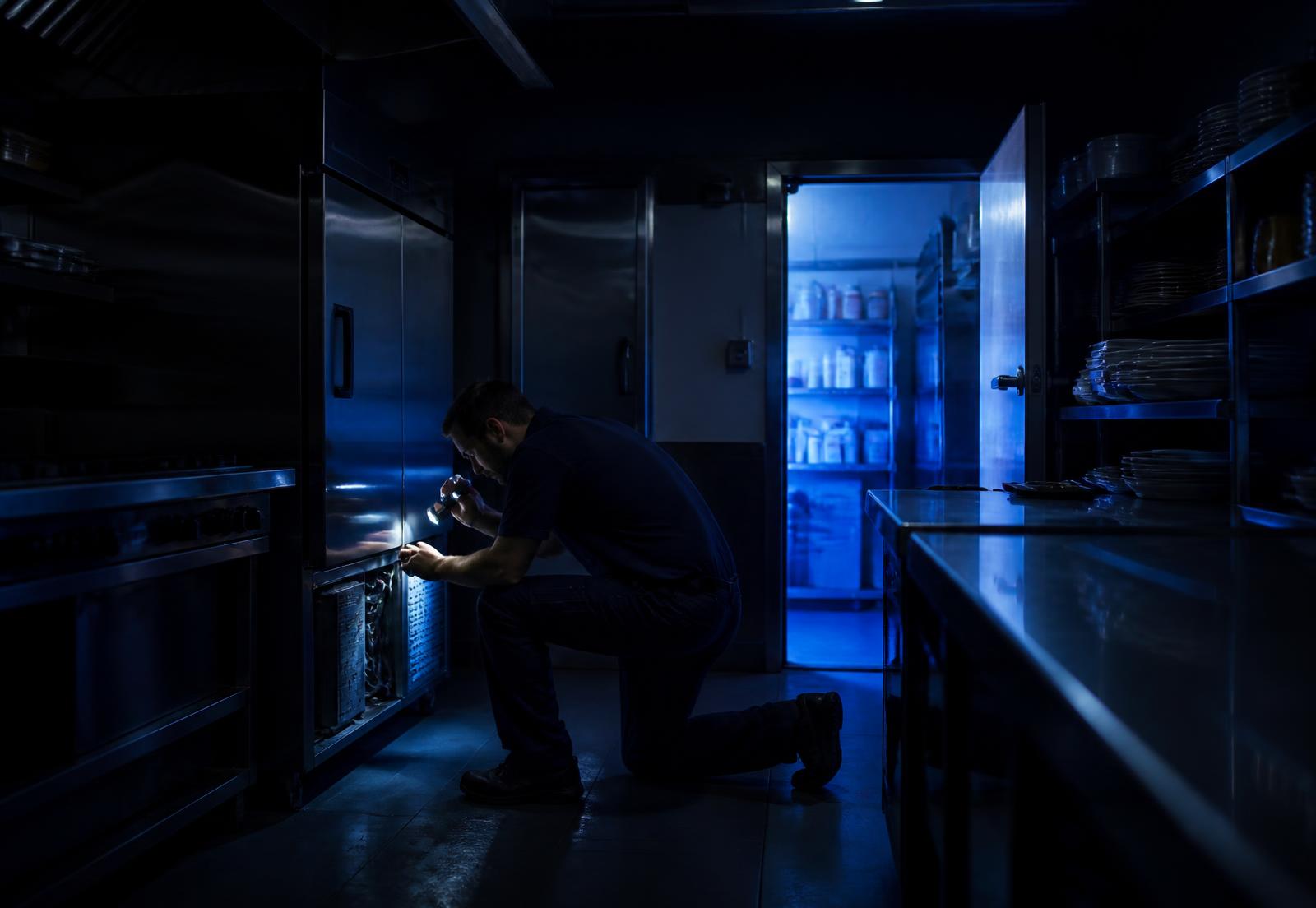 Refrigeration technician inspecting a commercial kitchen cooler at night