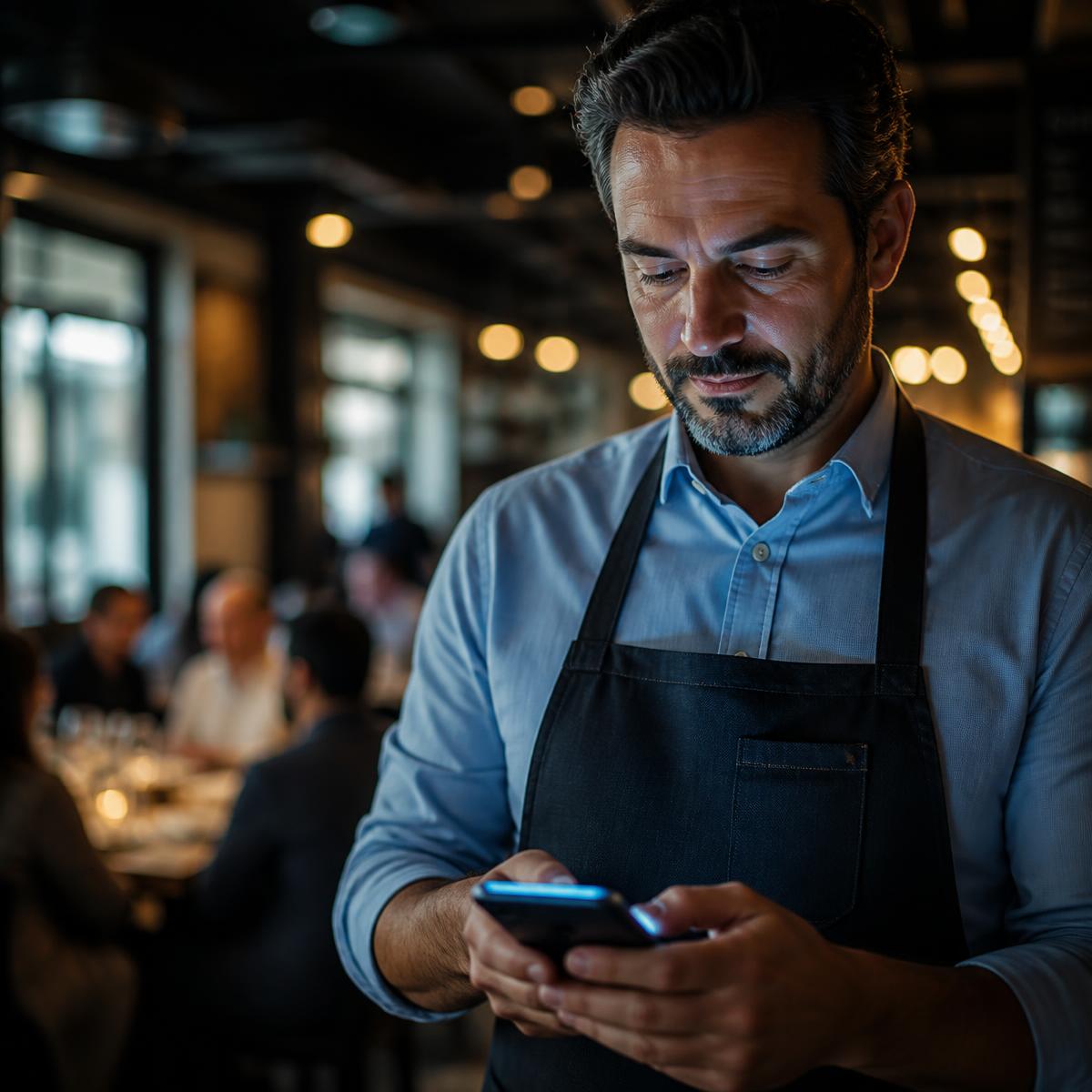 Restaurant manager texting a maintenance request from the dining room