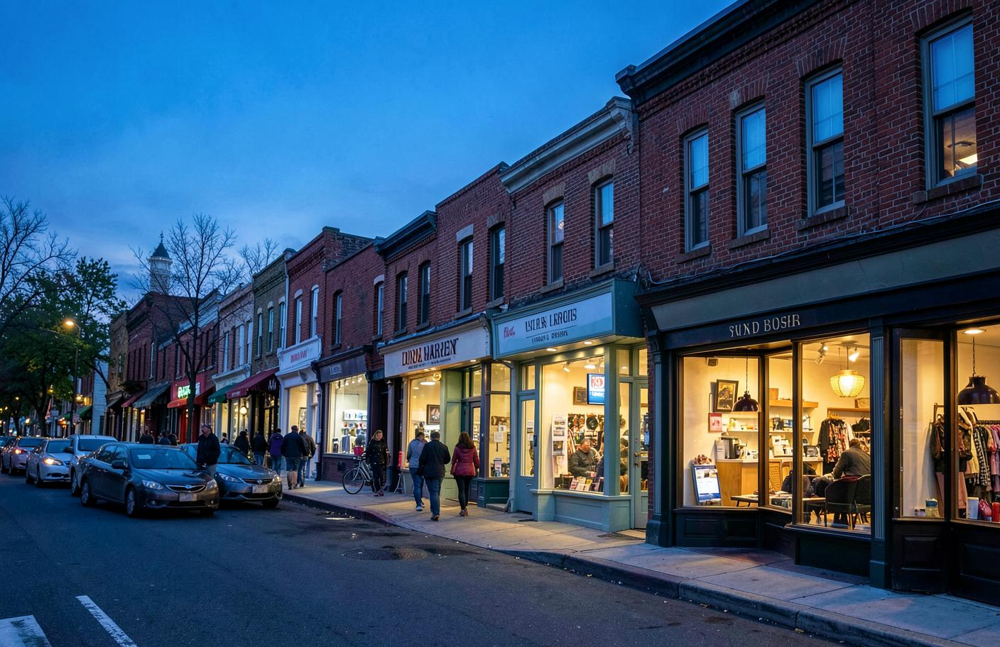 Commercial storefronts on a Northeast main street in the evening