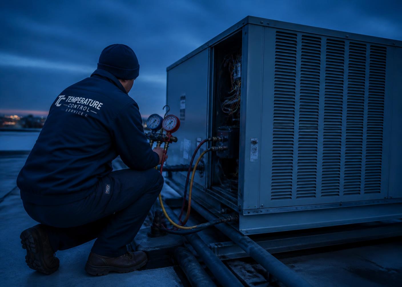 HVAC technician servicing a rooftop condenser unit at dusk